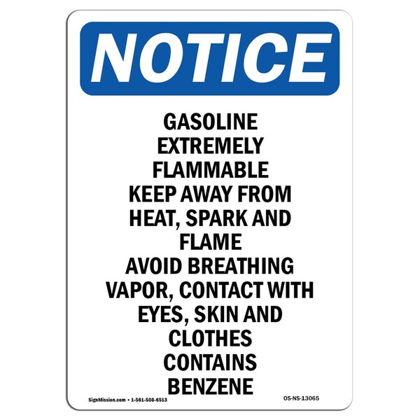 Safety Sign, OSHA Notice, 24" Height, Gasoline Extremely Flammable Keep Sign, Portrait